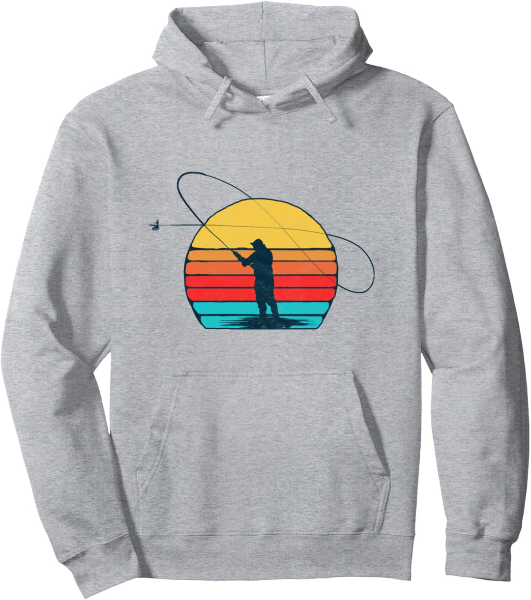Vintage Fly Fishing Retro 80s Sunset Trout Fisherman Graphic Pullover Hoodie