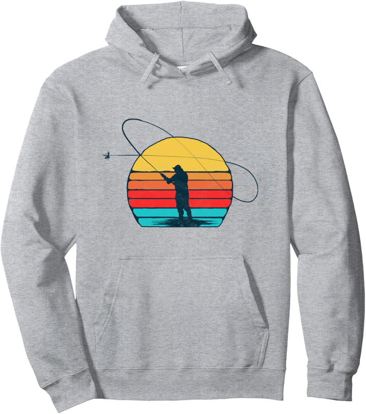 Vintage Fly Fishing Retro 80s Sunset Trout Fisherman Graphic Pullover Hoodie