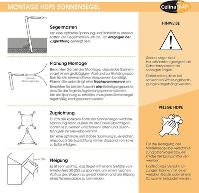 CelinaSun Sonnensegel inkl Befestigungsseile Premium HDPE wetterbeständig atmungsaktiv Dreieck recht