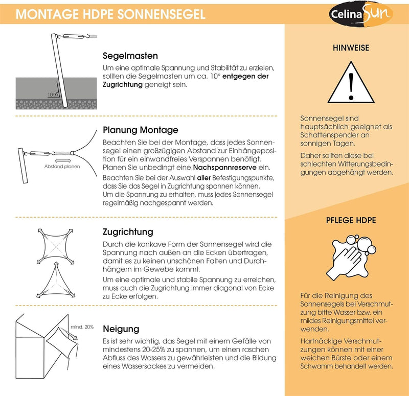 CelinaSun Sonnensegel inkl Befestigungsseile Premium HDPE wetterbeständig atmungsaktiv Dreieck recht