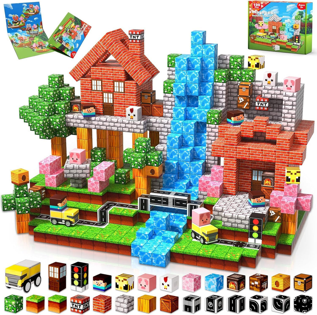 GraceDuck Magnetische Bausteine 100 Teile Bauspielzeug Grünland und Strasse Magnetbausteine Montesso