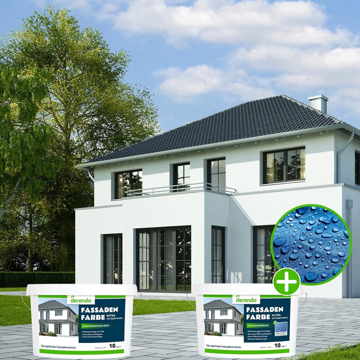 derendo Fassadenfarbe blau 10l mit EXTRA hohem Wetterschutz, matte silikonharzverstärkte Fassaden Fa