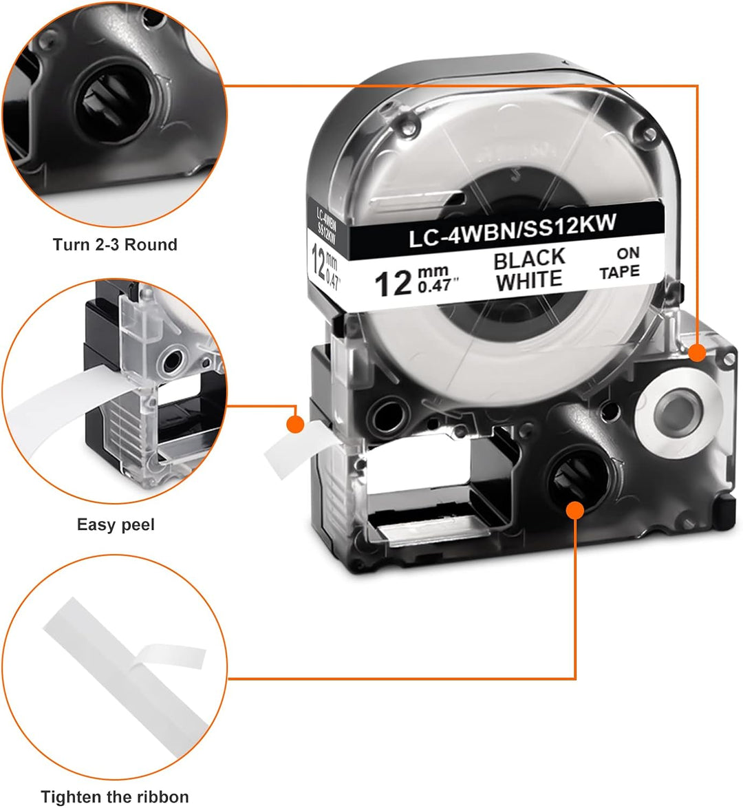 5x Labelwell 12MM Kompatibel Schriftband Ersatz für LC-4WBN9 SS12KW Schwarz auf Weiss Arbeiten für L