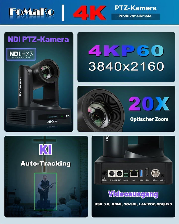 FoMaKo 4K 60FPS NDI HX3 PTZ Kamera, KI-Auto-Tracking, 20x Optischer Zoom NDI-Ausgang 4K@60, mit HDMI