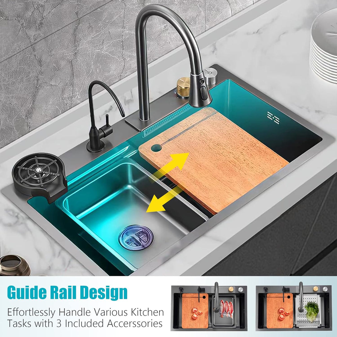 MWIDCIEW Küchenspüle Schwarzgrau Edelstahl mit Wasserhahn Ausziehbar Raindance Wasserfall Spüle Küch