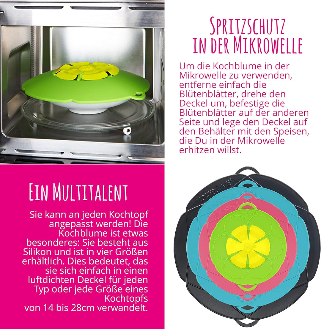 Kochblume Spar-Set für Töpfe von 14 bis 24 cm mit Microfasertuch als Set | Silikon Überkochschutz fü