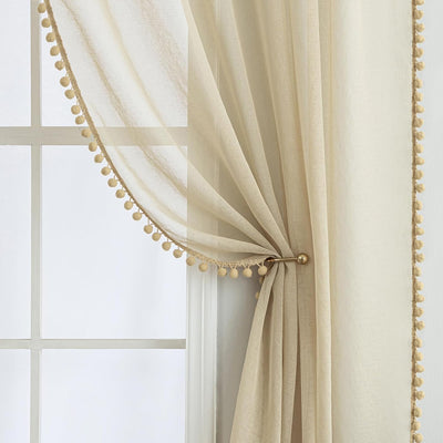 MIULEE Gardinen mit Pompons-Hübsche Beige Transparent Gardinen für Kinderzimmer Mädchen, 2 Stücke Vo