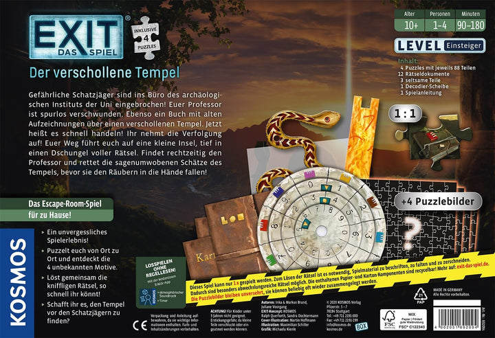 Kosmos EXIT® - Das Spiel + Puzzle: Der verschollene Tempel | Inklusive 4 Puzzles á 88 Teilen, Level: