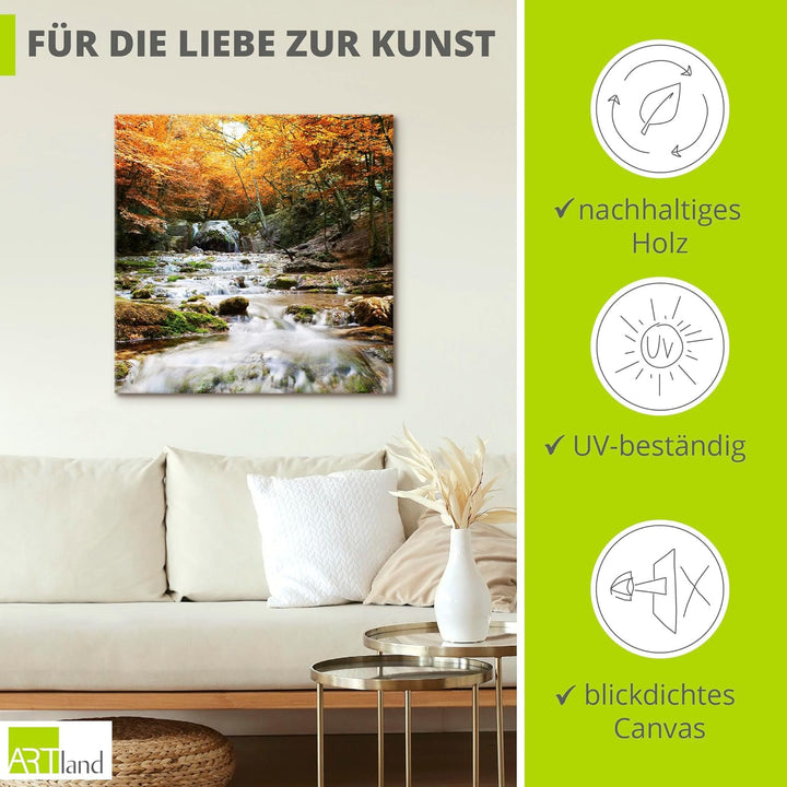 ARTland Leinwandbilder Wandbild Bild auf Leinwand 40x40 cm Herbst Landschaft Natur Wald Wasserfall F