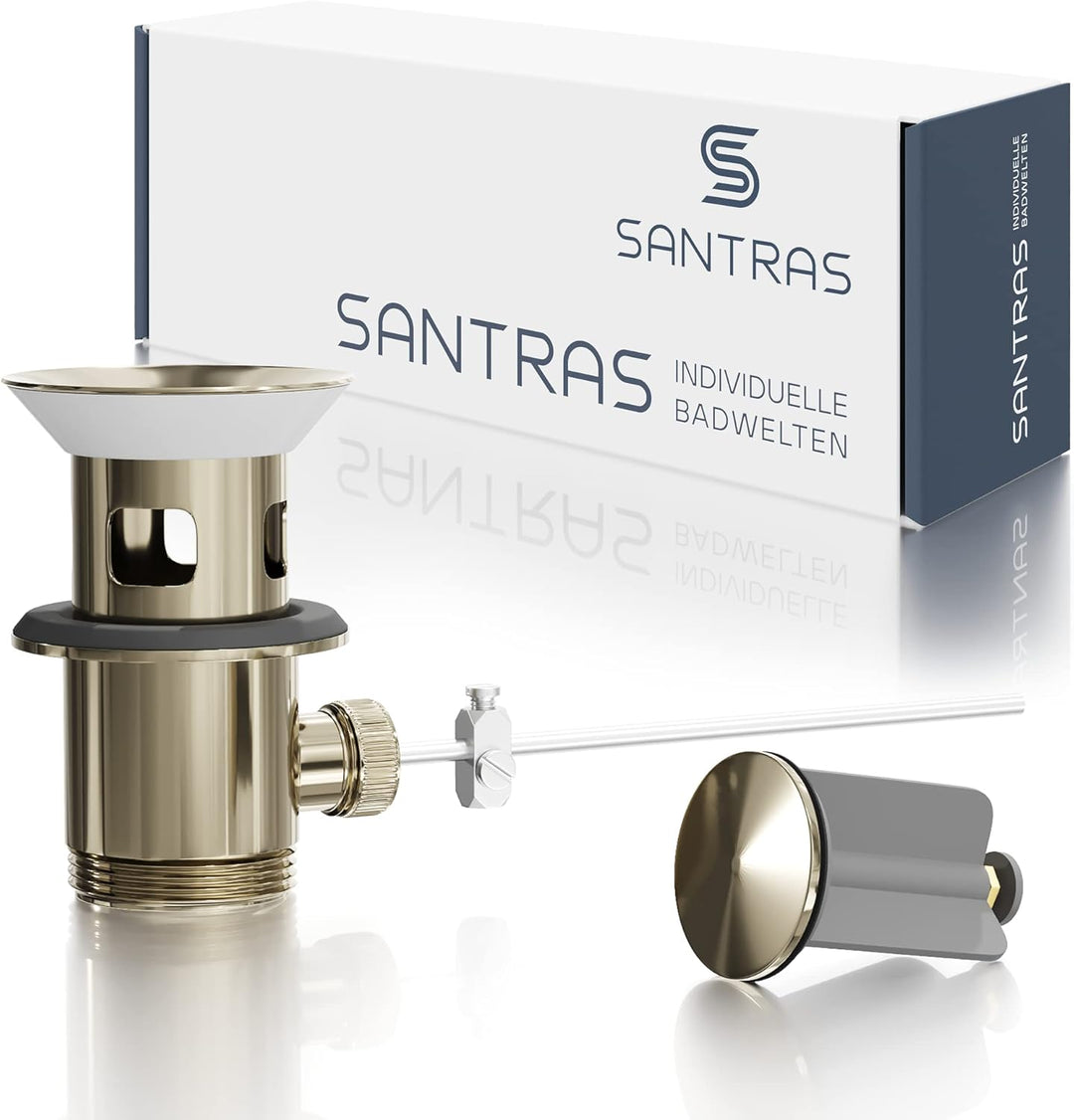 SANTRAS® Exzenter Ablaufgarnitur PREMIUM für Waschtisch mit Schutz vor Überlauf in Edelmessing – Kom