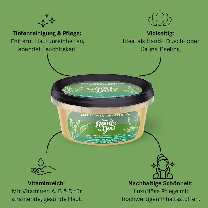 Green Tea Body Scrub - Salz Öl Peeling für trockene und beanspruchte Haut - Körper Peeling - Sauna -