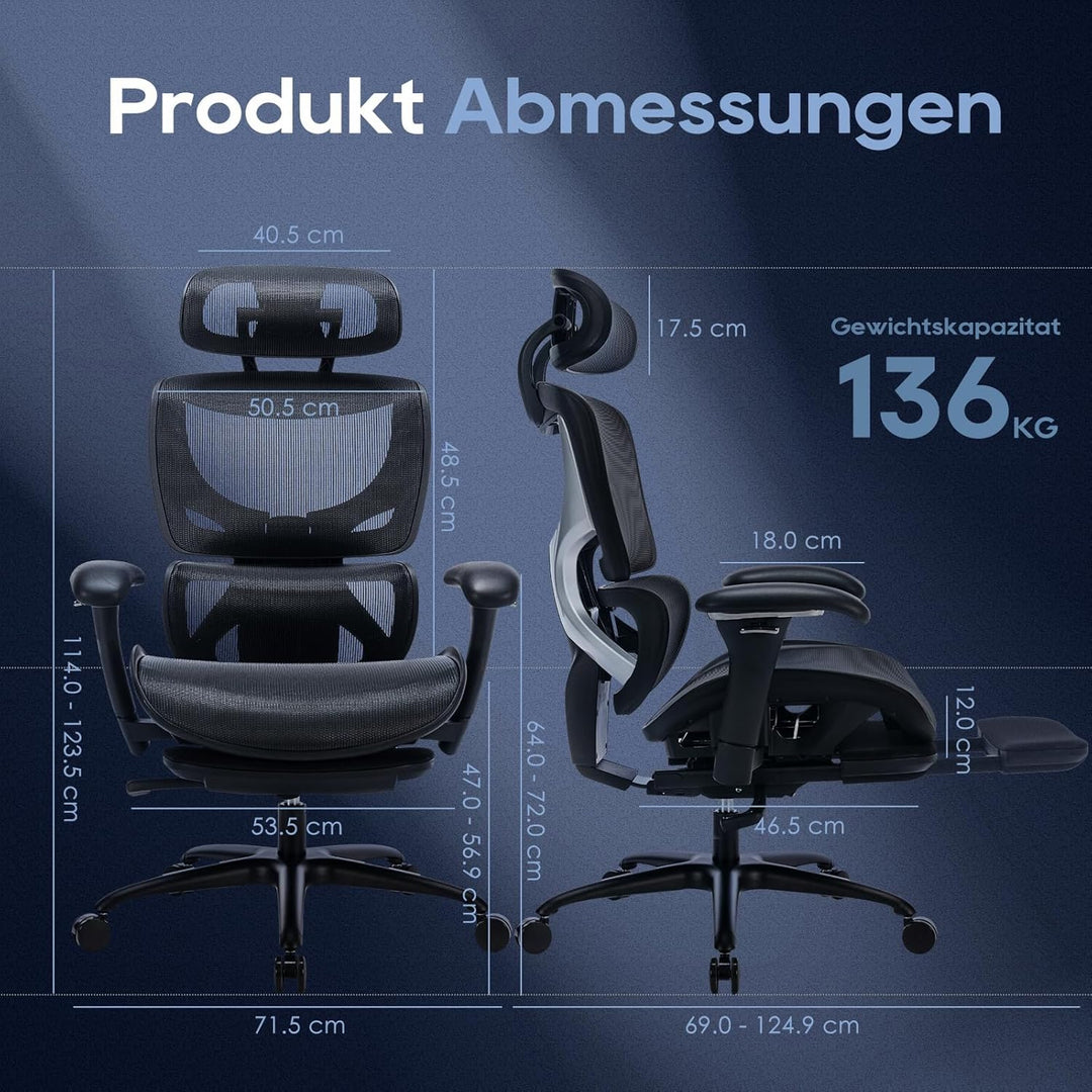 COLAMY Ergonomischer Bürostuhl mit Fussstütze – Chefsessel mit hoher Rückenlehne, Verstellbarer Kopf