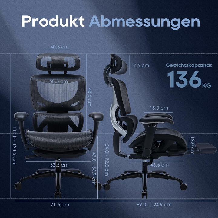 COLAMY Ergonomischer Bürostuhl mit Fussstütze – Chefsessel mit hoher Rückenlehne, Verstellbarer Kopf