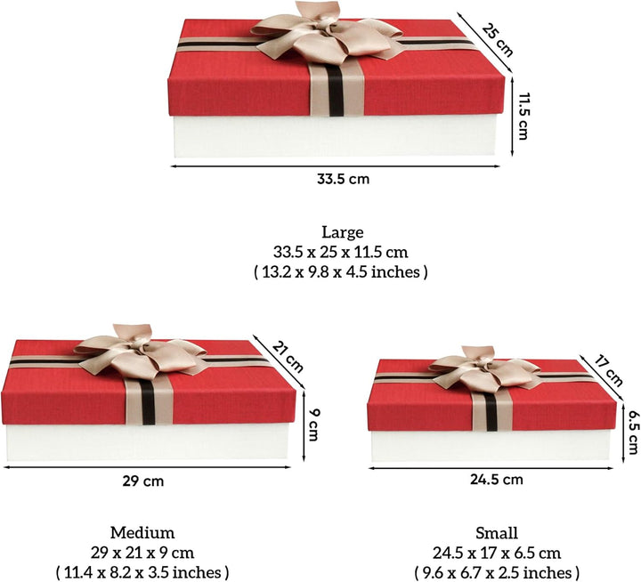 Emartbuy Set mit 3 starren Geschenkboxen, cremefarbene Box mit rotem Deckel, braun gestreiftes Schle