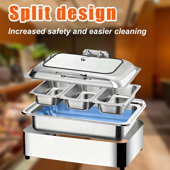 Chafing Dish Elektrisch, 9L Edelstahl Warmhaltebehälter Essen Elektrisch mit Glasdeckel, Speisewärme