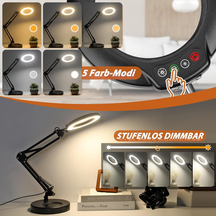 Veemagni 10X Lupe mit Licht, 5 Farbmodi Stufenlos Dimmbar 2-in-1 Schreibtischlampe und Klemme, LED B
