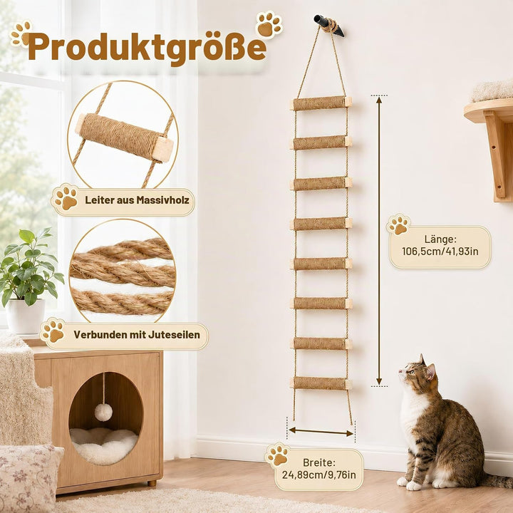 108cm Katzenleiter Wandmontiert, 3-in-1 Sisal Kletterbrücke &amp; Hängematte aus Massivholz, Faltbare Ju