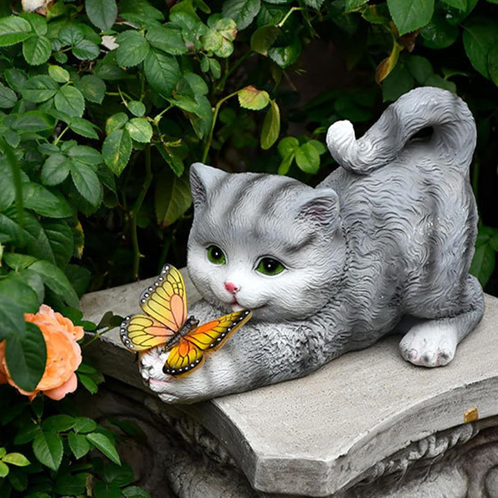 Katzen Deko Gartenfiguren mit Schmetterlinge LED Solarlampen, Wetterfest Solar-Katzenstatue für Drau