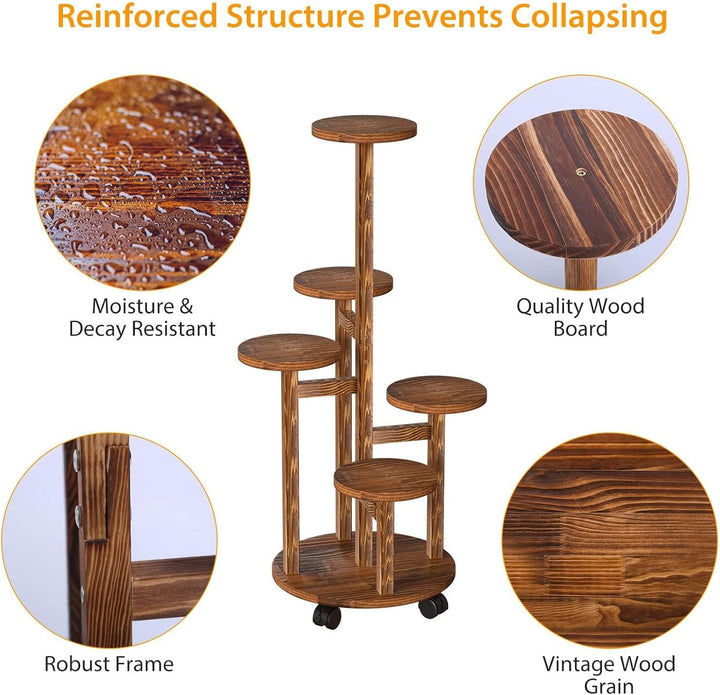 Wuciray Blumenständer Holz Pflanzenständer mit Rädern 5-Tier Pflanzentreppe Pflanzenregal Blumenbank