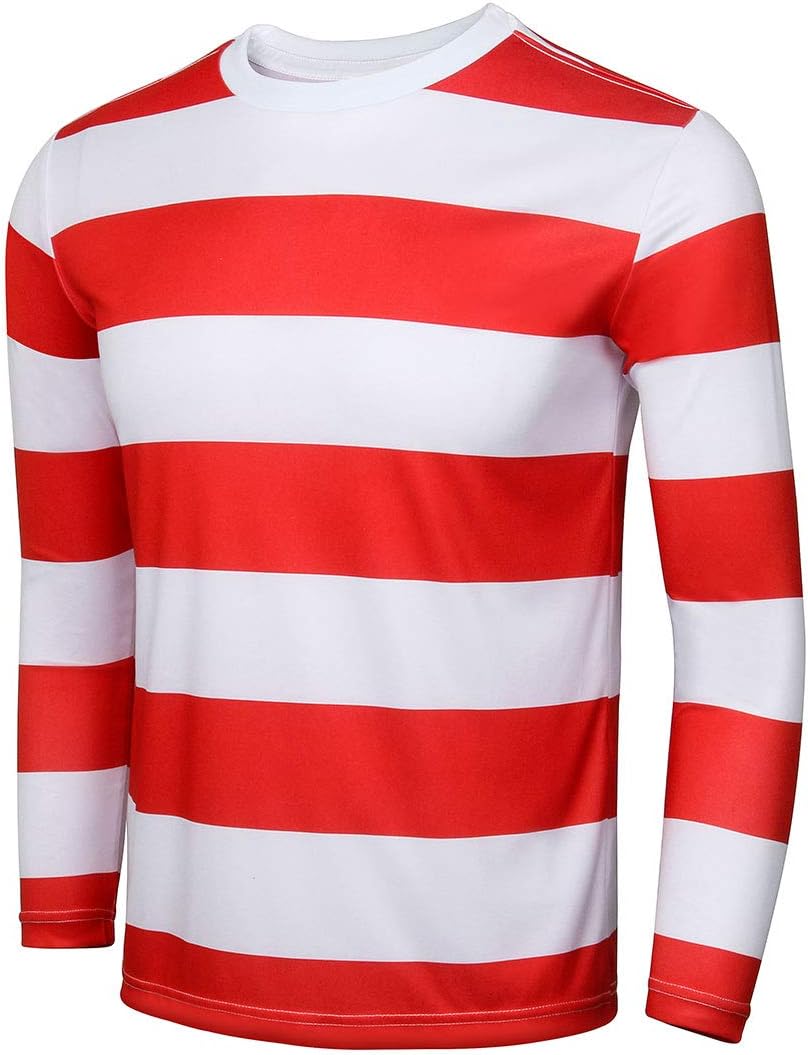 NUWIND Herren Rot-weiss gestreiftes T-Shirt Kit mit Brille &amp; Bommelmütze Walter Kostüm Halloween Cos
