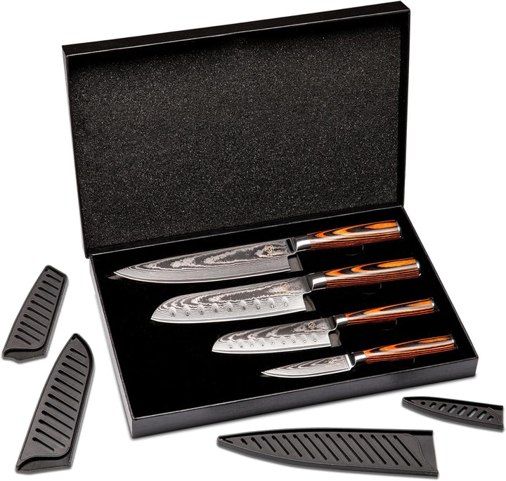 Wolfblood Damastmesser-Set 4er (32cm, 30cm, 24cm und 20cm) Profi-Damast-Küchenmesser Set aus 67 Lage