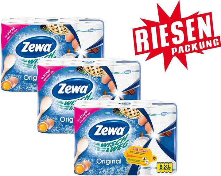 Zewa Wisch und Weg Küchenrollen Original, saugstarke Wischtücher im Vorteilspack, 3 x 8 Rollen (24 x