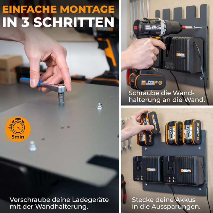Wandfest® Wandhalterung für Worx Akkus und Ladegeräte - Das Original [Made in Austria] Worx Akku Hal
