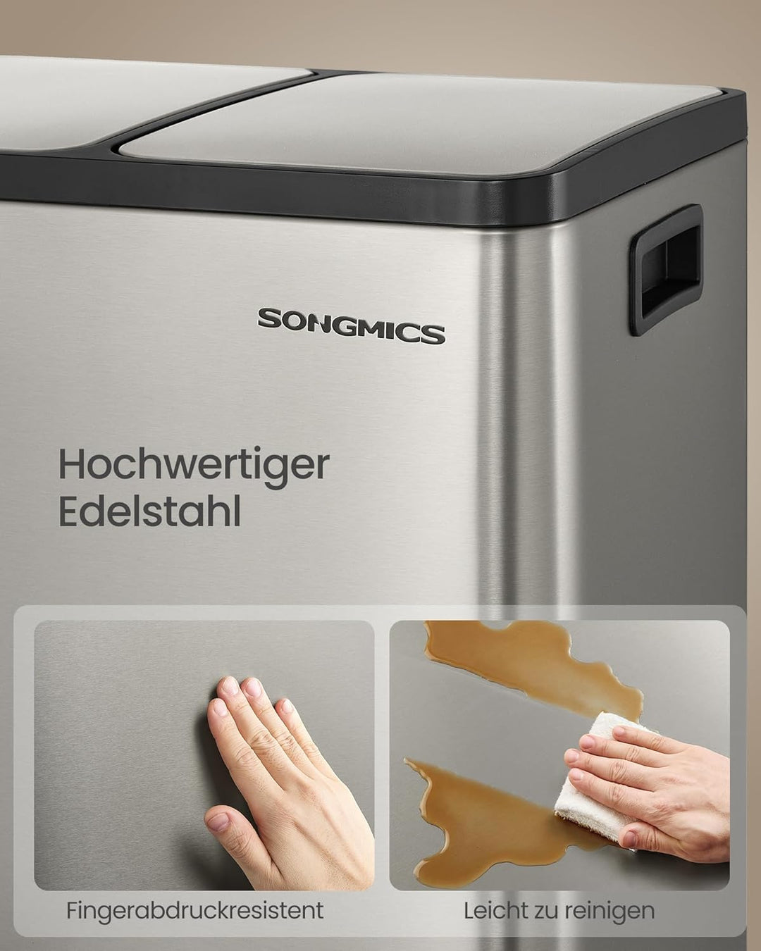 SONGMICS Mülleimer Küche, 3 x 15 L, Mülltrennsystem 3 Fächer, Abfalleimer mit 15 Müllbeuteln, Tretmü
