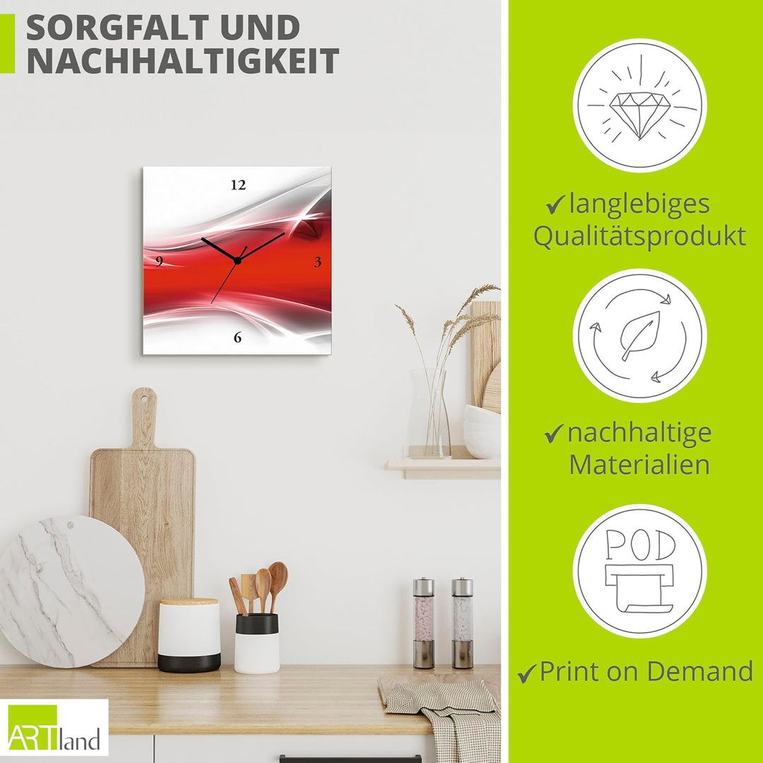 ARTLAND Wanduhr ohne Tickgeräusche Alu Quarzuhr 30x30 cm Quadratisch Lautlos Design Abstrakt Kunst M