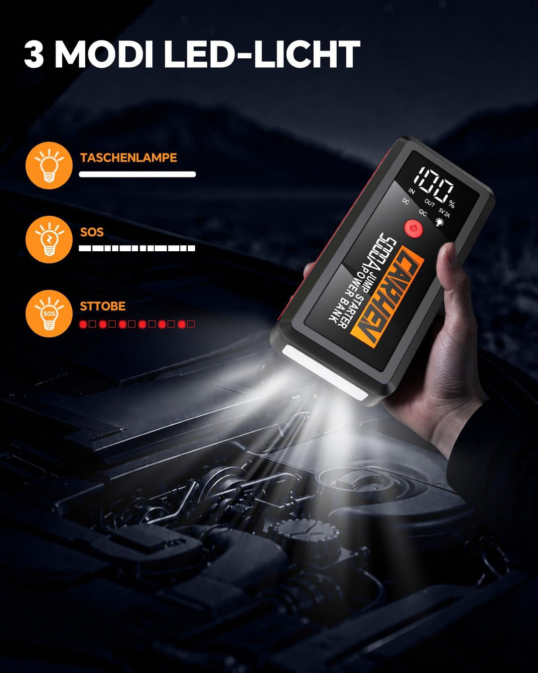 CARHEV Starthilfe Powerbank, 5000A Booster Auto Starthilfe, 12V Starter Powerbank(Bis zu 8.0L Benzin