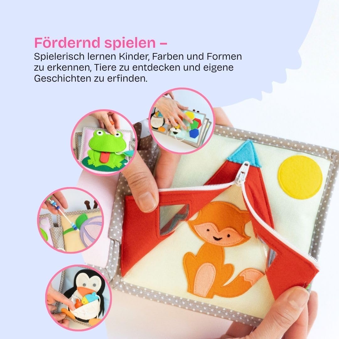 Jolly Designs – Mini Quiet Book Schillernder Papagei – Montessori Spielzeug ab 6 Monaten – Motorik &