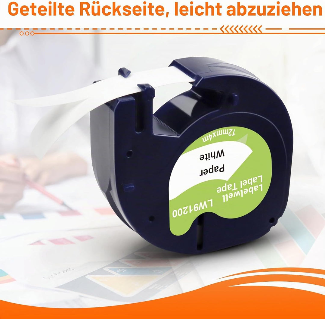 Labelwell 10x Kompatibel für Dymo LetraTag Papier Schriftband 12mm x 4m 91220 91200 Etikettenband Sc