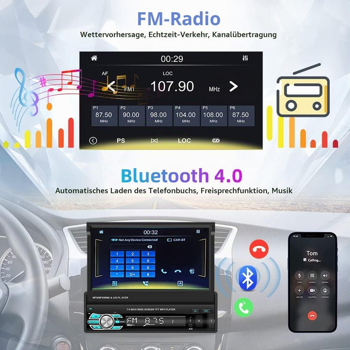 Podofo Autoradio 1 Din mit Apple Carplay Android Auto 7-Zoll Auto Stereo Radio mit Einziehbarem Bild