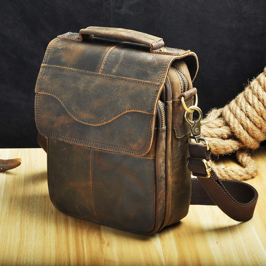 Le'aokuu Herren Echtleder Sling Messenger Schultertasche Tasche (144 Dunkelbraun)