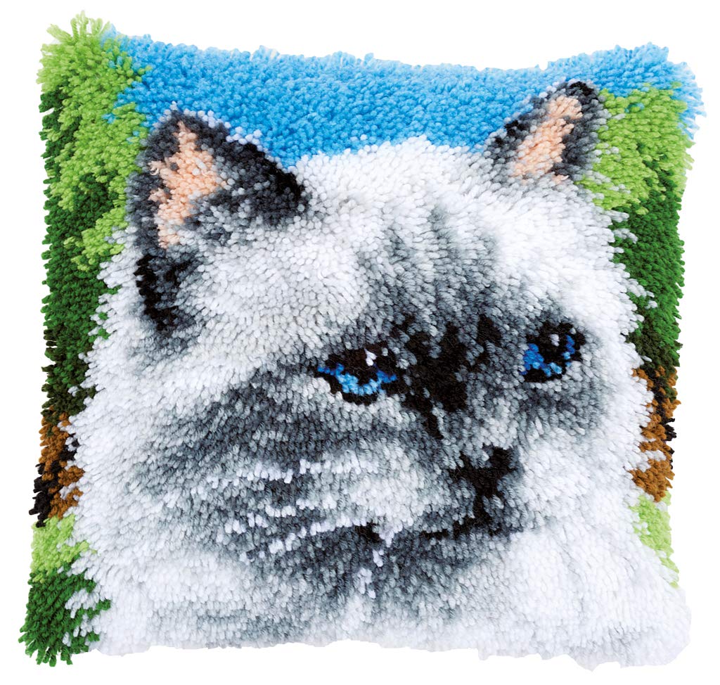 Vervaco PN-0146760 Knüpfkissen Silver Cat Knüpfpackung, Baumwolle, mehrfarbig, 40 x 40 cm / 16" x 16