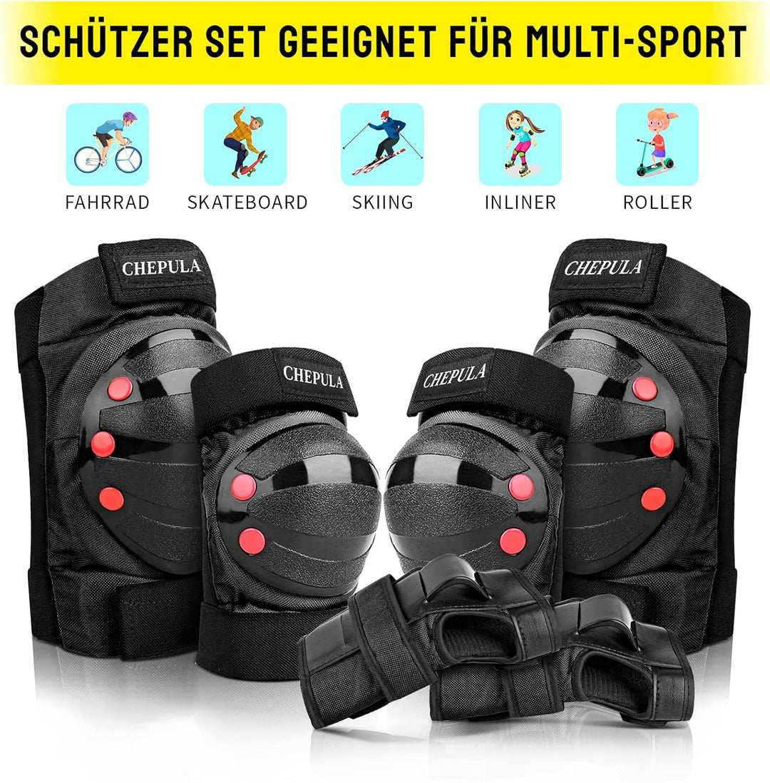 CHEPULA Schoner Inliner Kinder Erwachsene, 6 in 1 Protektoren Set, Verstellbare Knieschoner Ellenbog