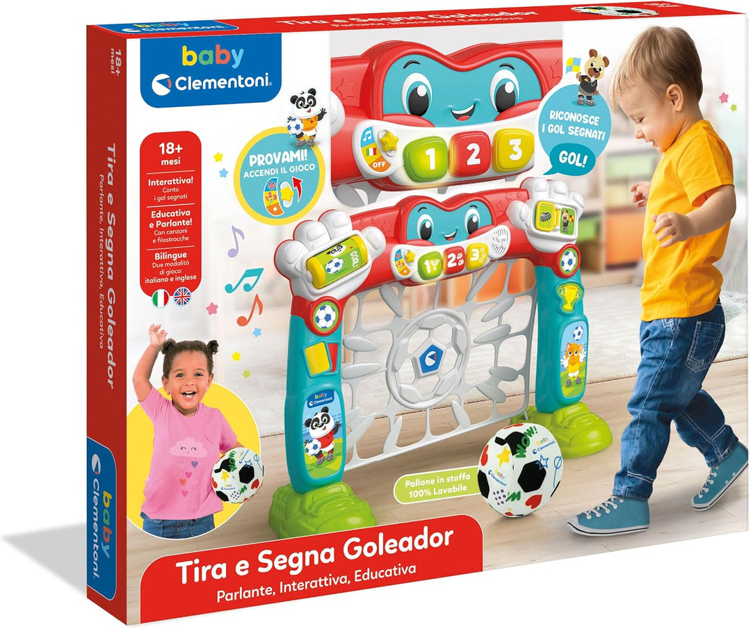 Clementoni Baby Tira e Segna Goleador Fussballtor für Kinder mit Ball, sprechendes Aktivitätszentrum