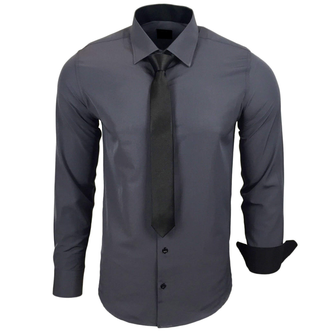 444-BK Herren Kontrast Hemd Business Hemden mit Krawatte Hochzeit Freizeit Fit, Anthrazit