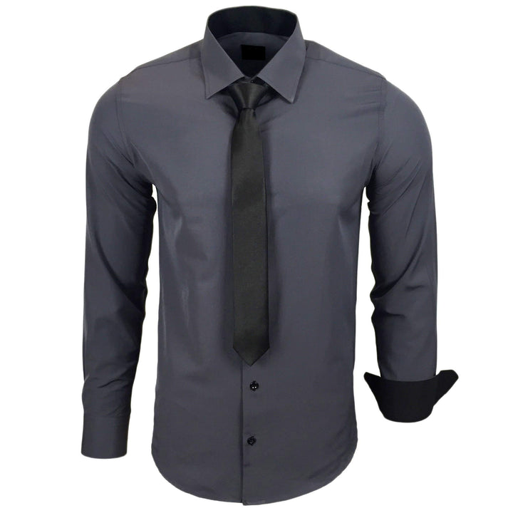 444-BK Herren Kontrast Hemd Business Hemden mit Krawatte Hochzeit Freizeit Fit, Anthrazit