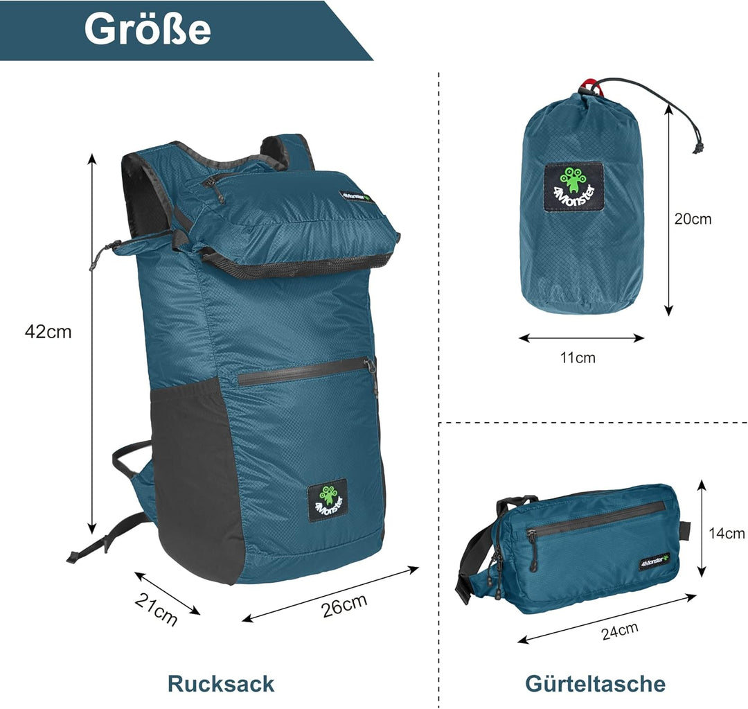 4Monster Faltbarer Rucksack Ultra Leicht, Unisex Tagesrucksack Outdoor, 2in1 Gürteltasche, Wasserdic