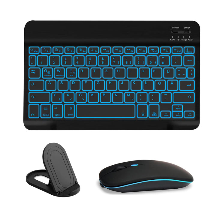 Kabellose Bluetooth Tastatur & Maus mit Elefonhalter, Ultraflache drahtlose Tastatur (Deutsches QWER