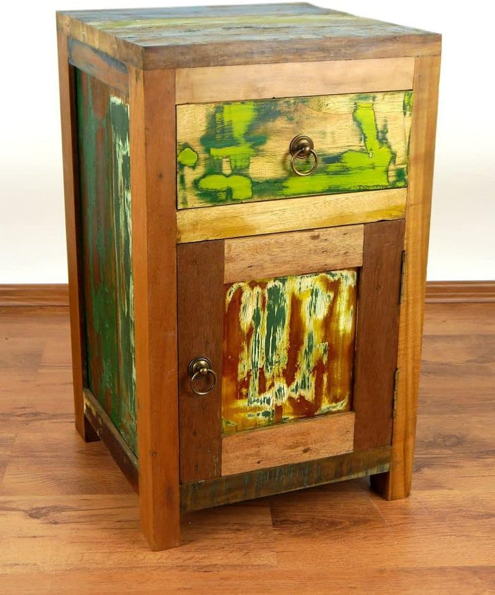 livasia Teakholz Nachtschrank aus Java | Recyceltes buntes Bootsholz | Asiatische Möbel | Designer M