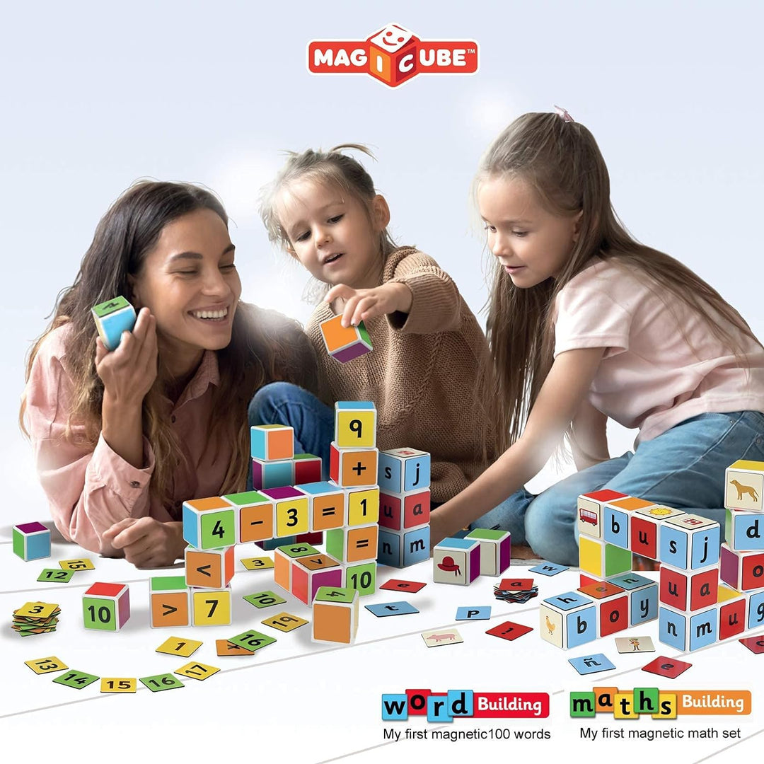 Geomag Magicube Word Building - 16 Magnetwürfel für Konstruktionen + 63 clip - Baukasten Lernspielze