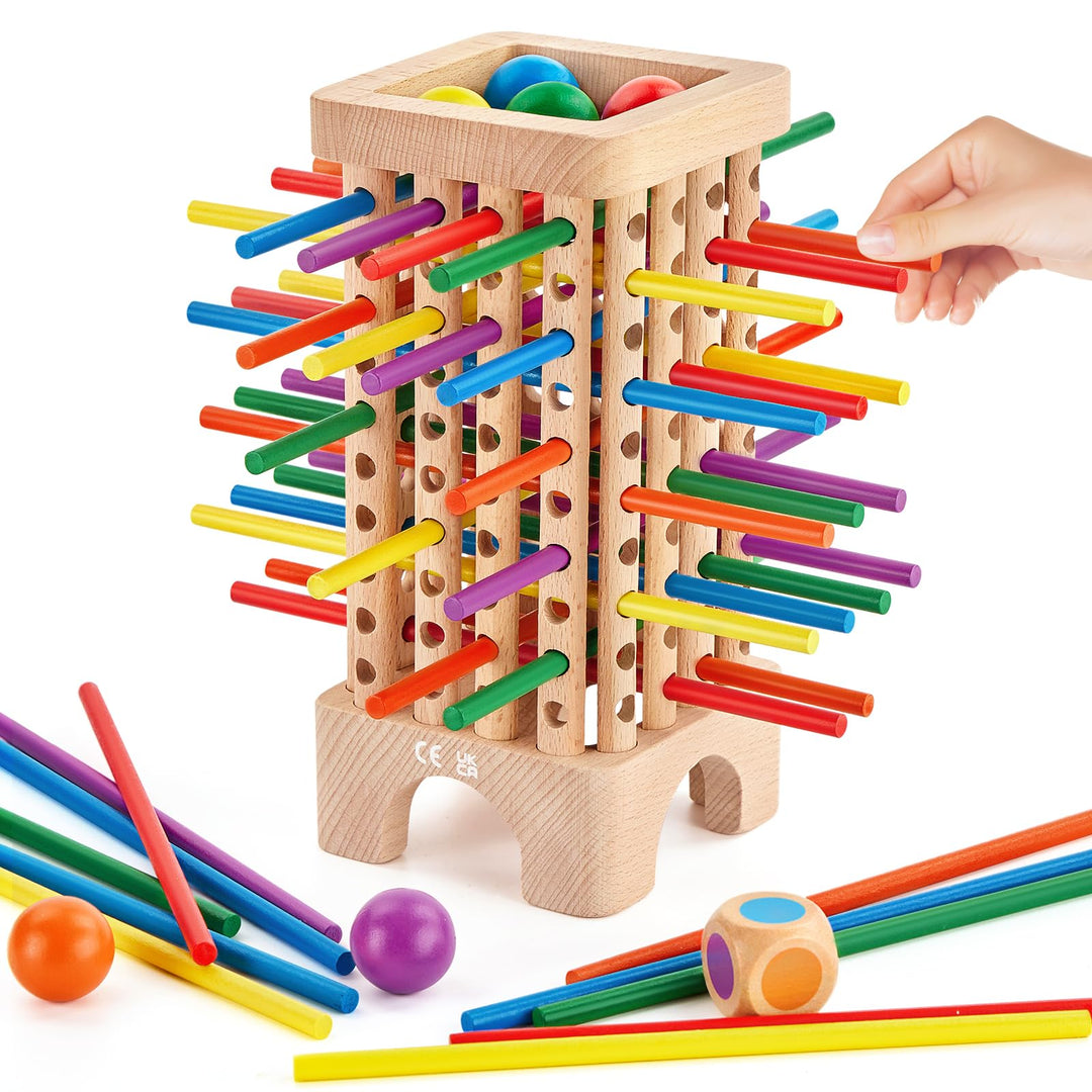 Montessori Spiel Brettspiel aus Holz, Würfelspiel für die Familie, 42 Stück Holzstäbchen Feinmotorik
