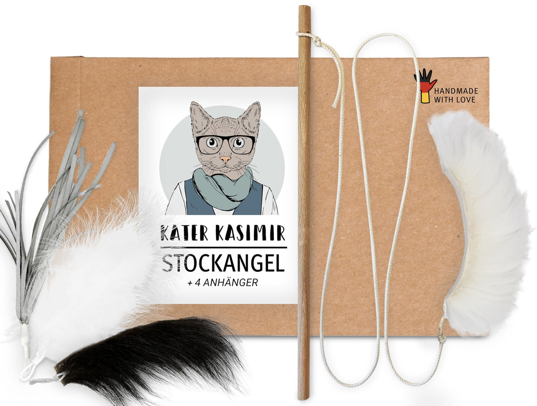 Katzenangel Set (4 tauschbare Anhänger), Spielangel für Katzen. Die Angel besteht aus Holz, ist lang