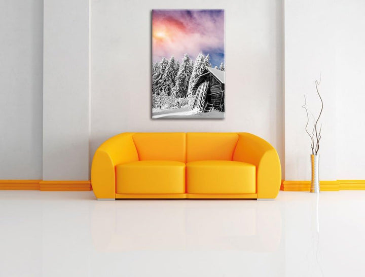 Pixxprint Einsame gemütliche Holzhütte im Schnee, Format: 80x120 auf hochkantiges Leinwand, XXL ries