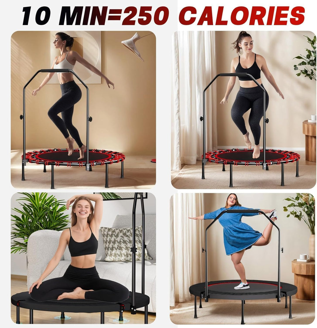 Fitness-Trampolin 102 cm für Erwachsene mit Haltestange, 3-Fach höhenverstellbar, leise Bungee-Seile