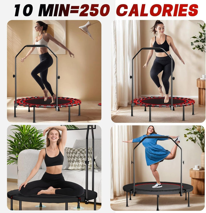 Fitness-Trampolin 102 cm für Erwachsene mit Haltestange, 3-Fach höhenverstellbar, leise Bungee-Seile