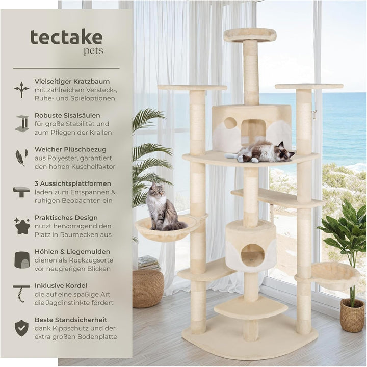 TecTake Katzen Kratzbaum mit XXL Liegemulde | 2 Katzenhäusern | deckenhoch - Diverse Farben - (beige