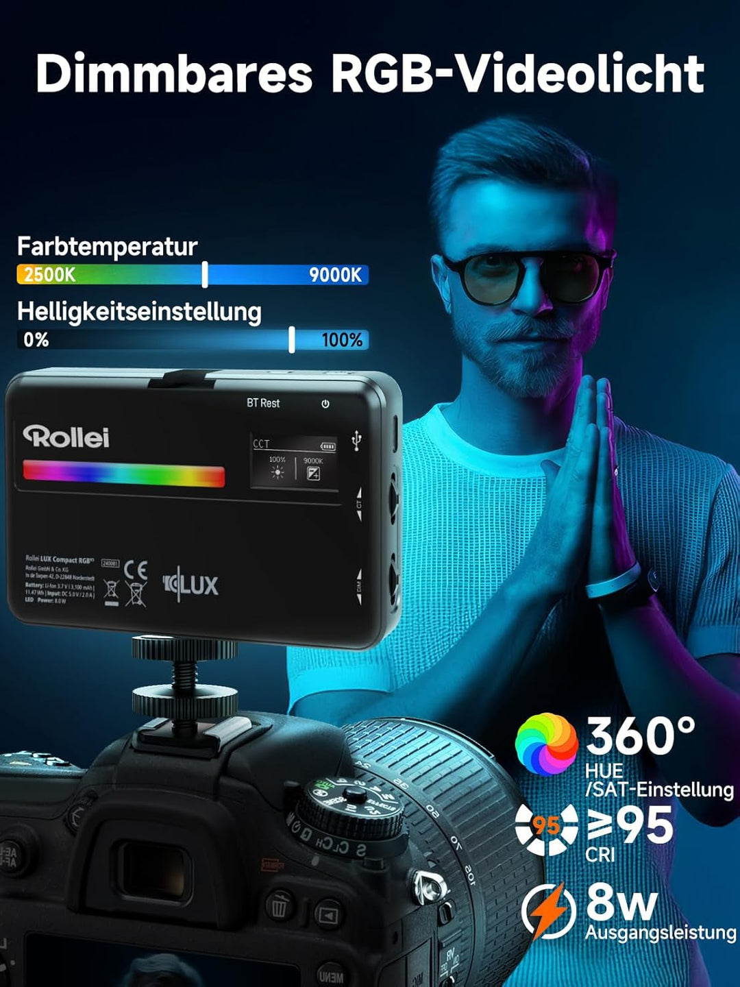 Rollei Lumis Compact RGB, kleine RGB Dauerlicht mit 360 Farben und tollen Lichteffekten, kompackte L